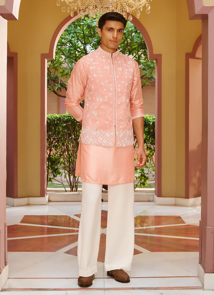 Pink Embroidered Silk Kurta Jacket Set Contrast By Parth - Fabilicious Fashion