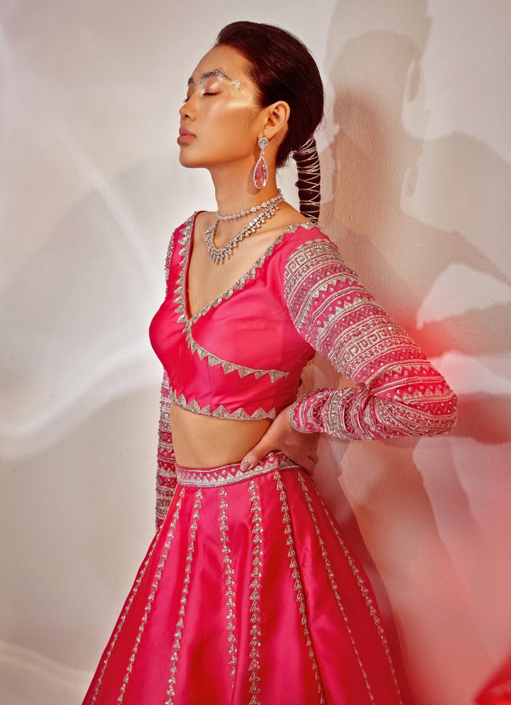 Pink Embroidered Silk Lehenga Set Akara - Fabilicious Fashion