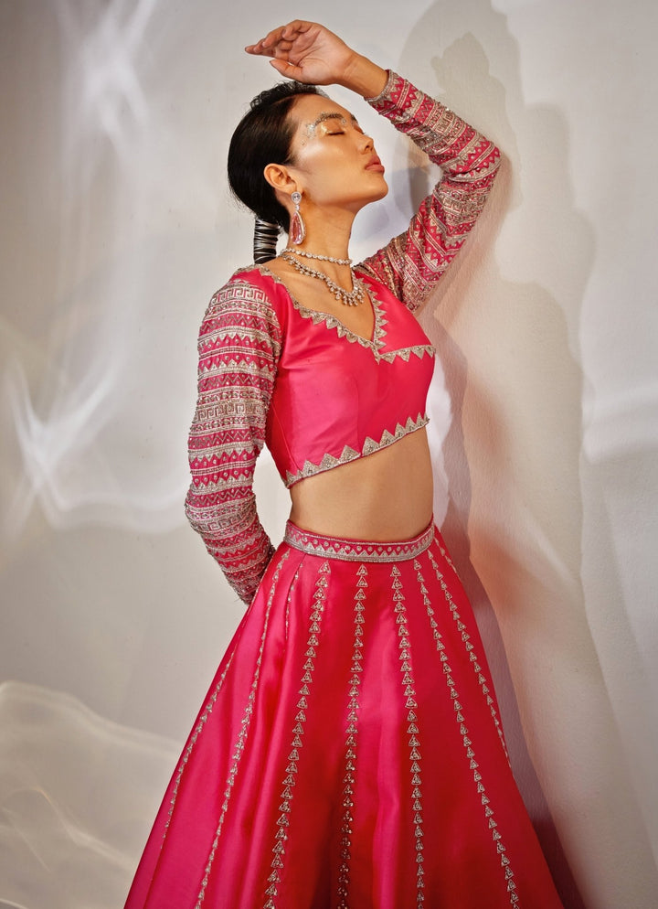 Pink Embroidered Silk Lehenga Set Akara - Fabilicious Fashion