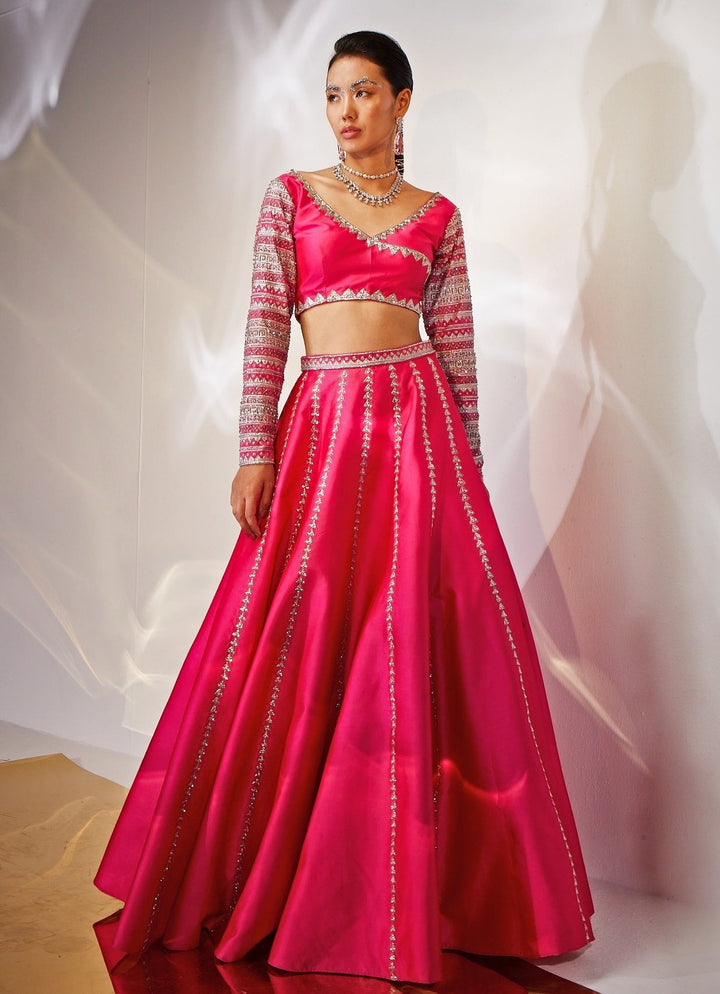 Pink Embroidered Silk Lehenga Set Akara - Fabilicious Fashion