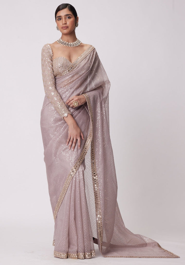 Pink Organza Saree With Embroidered Full Sleeves Blouse Vvani by Vani Vats - Fabilicious Fashion