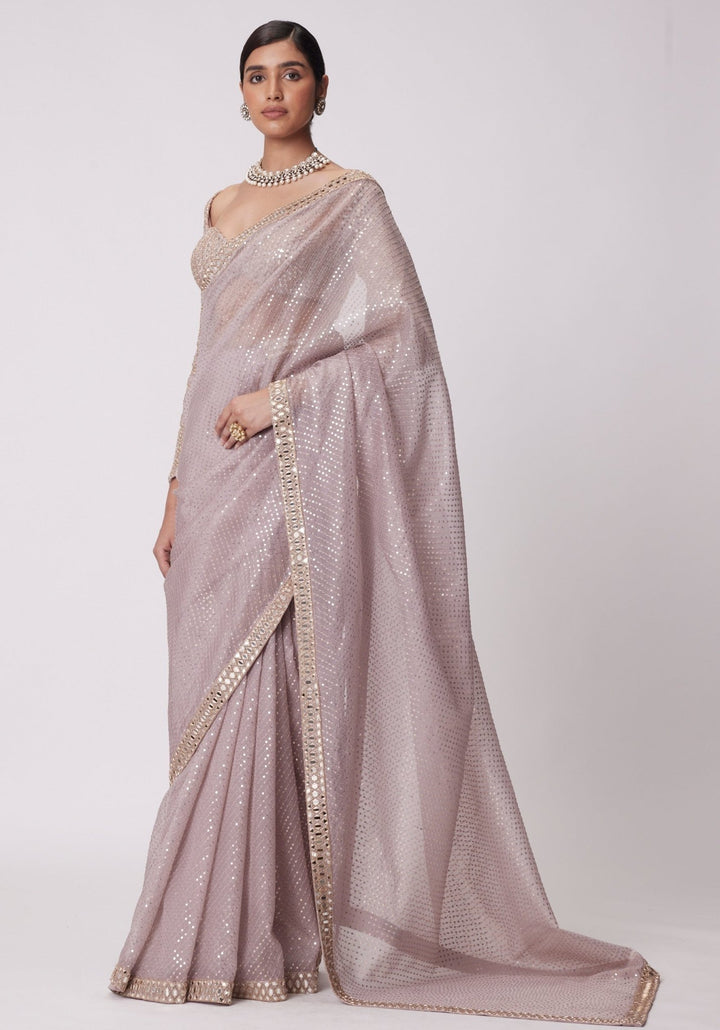 Pink Organza Saree With Embroidered Full Sleeves Blouse Vvani by Vani Vats - Fabilicious Fashion