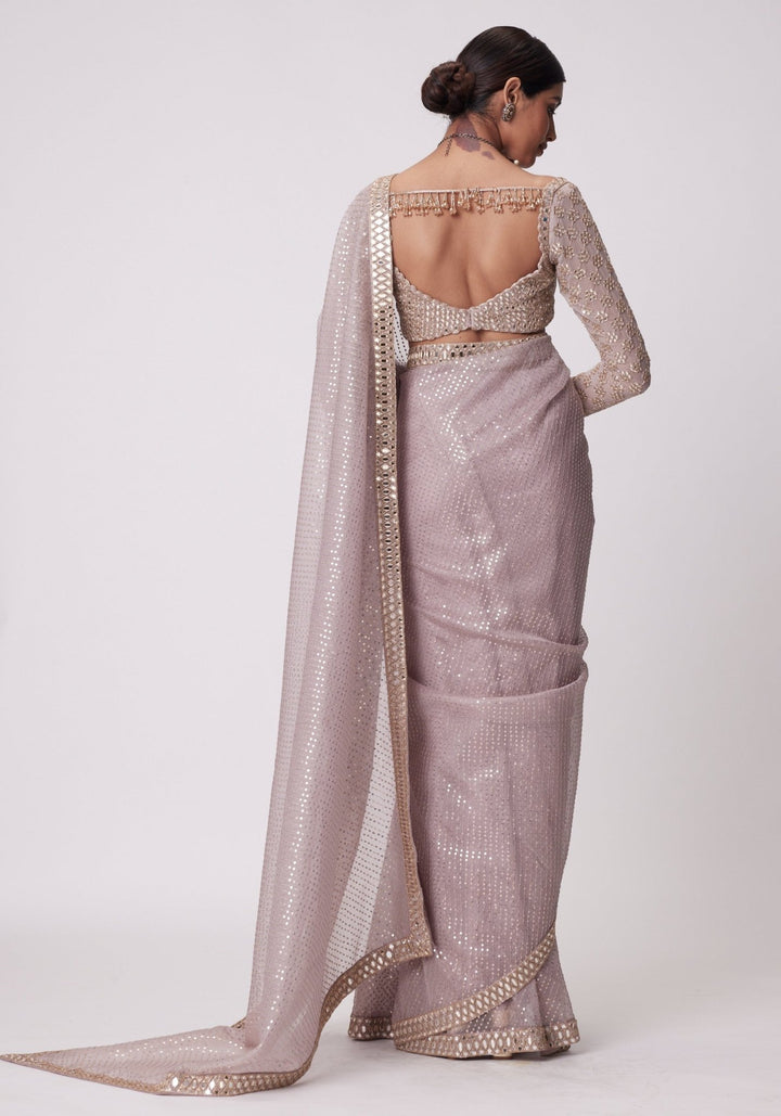 Pink Organza Saree With Embroidered Full Sleeves Blouse Vvani by Vani Vats - Fabilicious Fashion