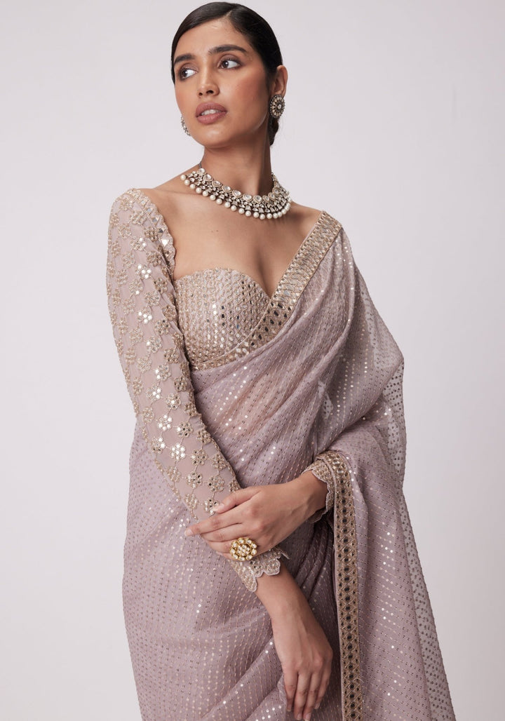 Pink Organza Saree With Embroidered Full Sleeves Blouse Vvani by Vani Vats - Fabilicious Fashion