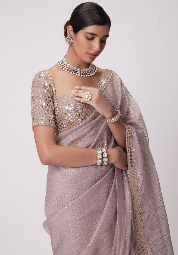 Pink Organza Saree With Embroidered Mirror Blouse Vvani by Vani Vats - Fabilicious Fashion