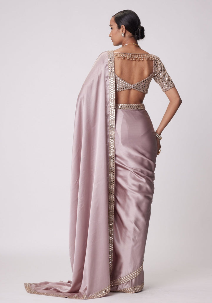 Pink Satin Saree With Embroidered Mirror Blouse Vvani by Vani Vats - Fabilicious Fashion
