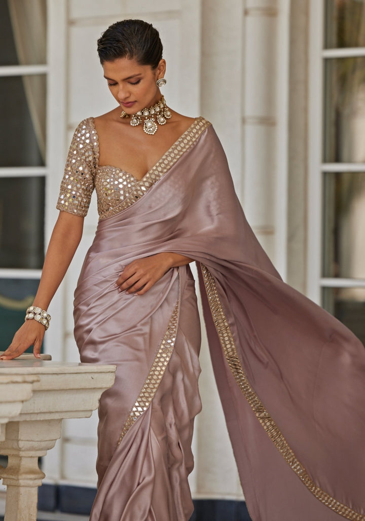 Pink Satin Saree With Embroidered Mirror Blouse Vvani by Vani Vats - Fabilicious Fashion