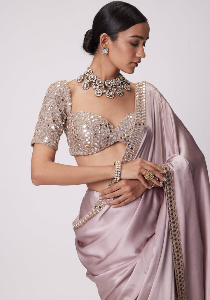Pink Satin Saree With Embroidered Mirror Blouse Vvani by Vani Vats - Fabilicious Fashion