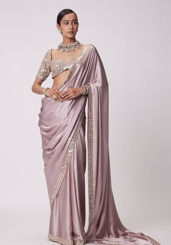 Pink Satin Saree With Embroidered Mirror Blouse Vvani by Vani Vats - Fabilicious Fashion