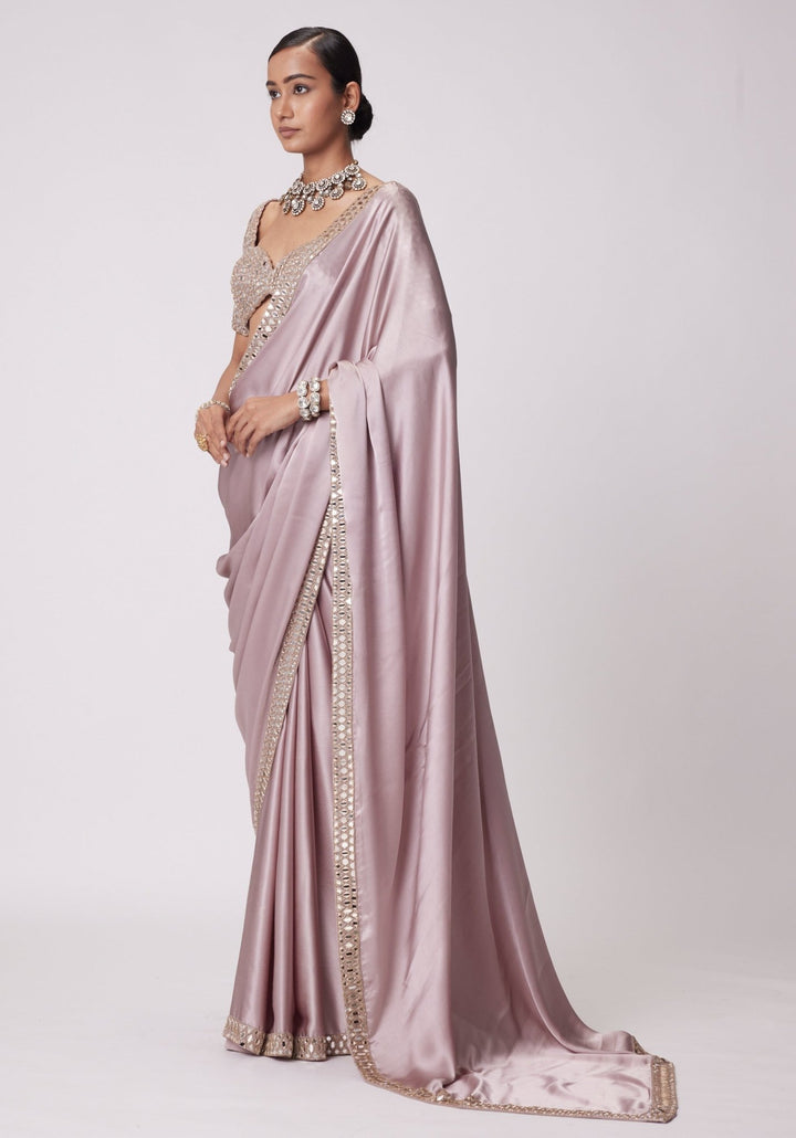 Pink Satin Saree With Embroidered Mirror Blouse Vvani by Vani Vats - Fabilicious Fashion