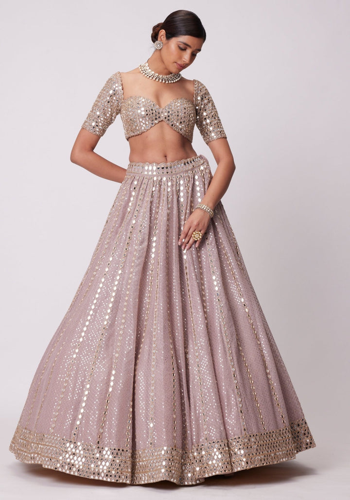 Pink Sequin And Mirror Lehenga Set With Elbow Length Blouse Vvani by Vani Vats - Fabilicious Fashion