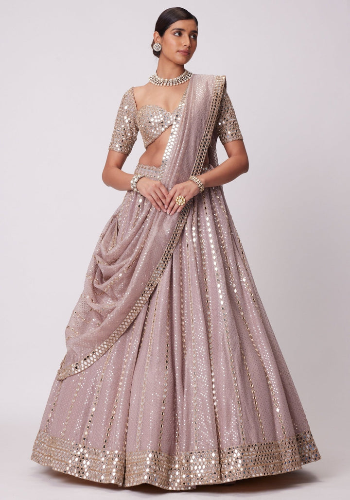 Pink Sequin And Mirror Lehenga Set With Elbow Length Blouse Vvani by Vani Vats - Fabilicious Fashion