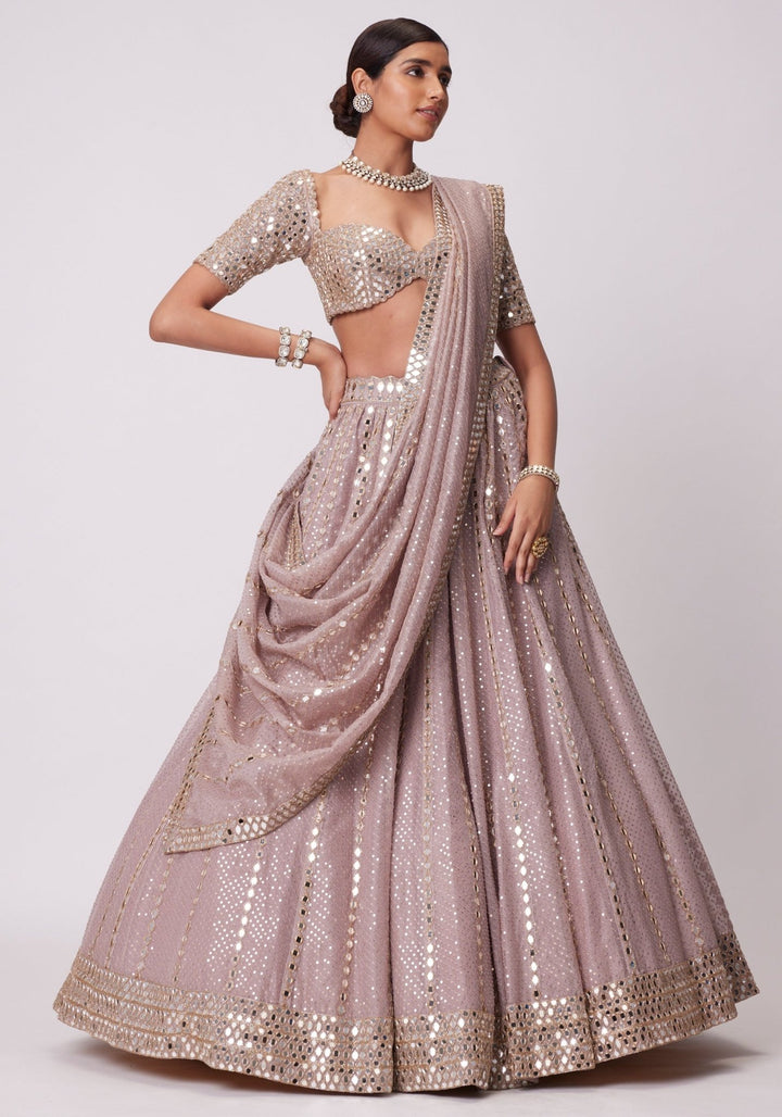 Pink Sequin And Mirror Lehenga Set With Elbow Length Blouse Vvani by Vani Vats - Fabilicious Fashion