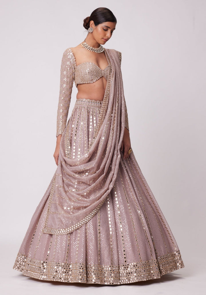 Pink Sequin And Mirror Lehenga Set With Full Sleeves Blouse Vvani by Vani Vats - Fabilicious Fashion