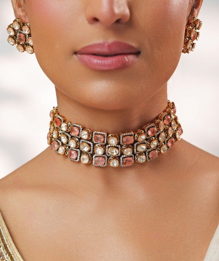 Pink Stone And Polki Gold Choker Set Zevar by Geeta - Fabilicious Fashion