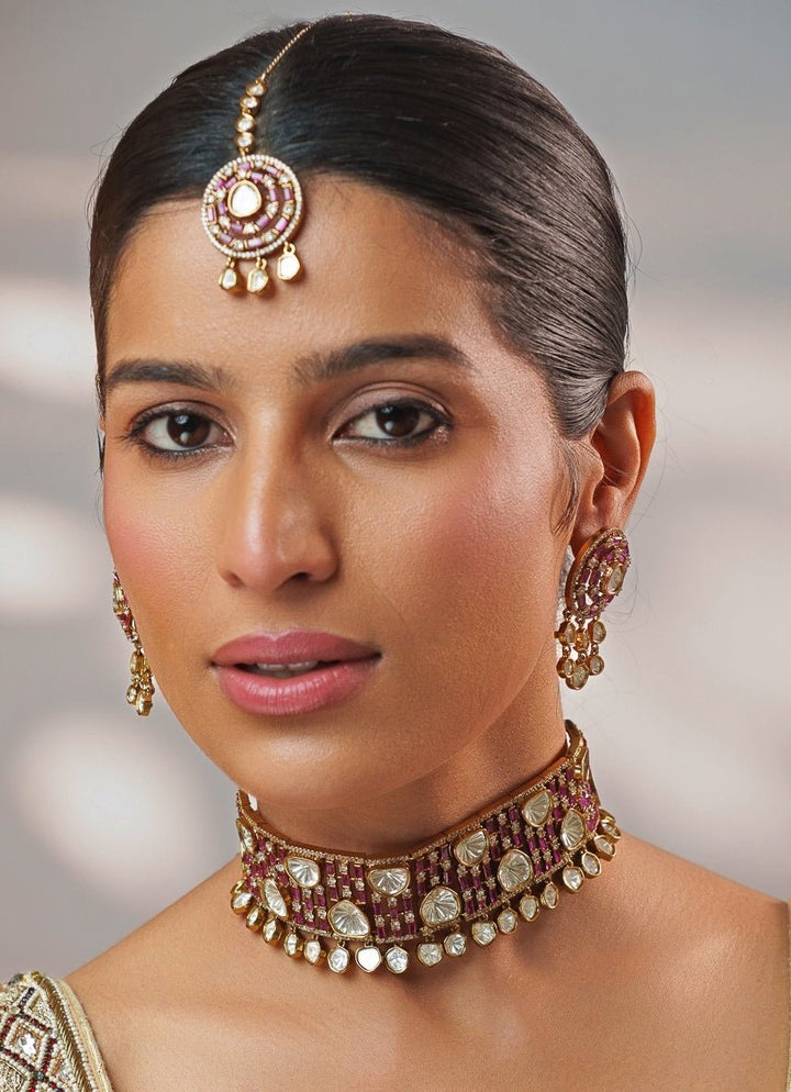 Pink Stone And Polki Two Tone Choker Set Zevar by Geeta - Fabilicious Fashion