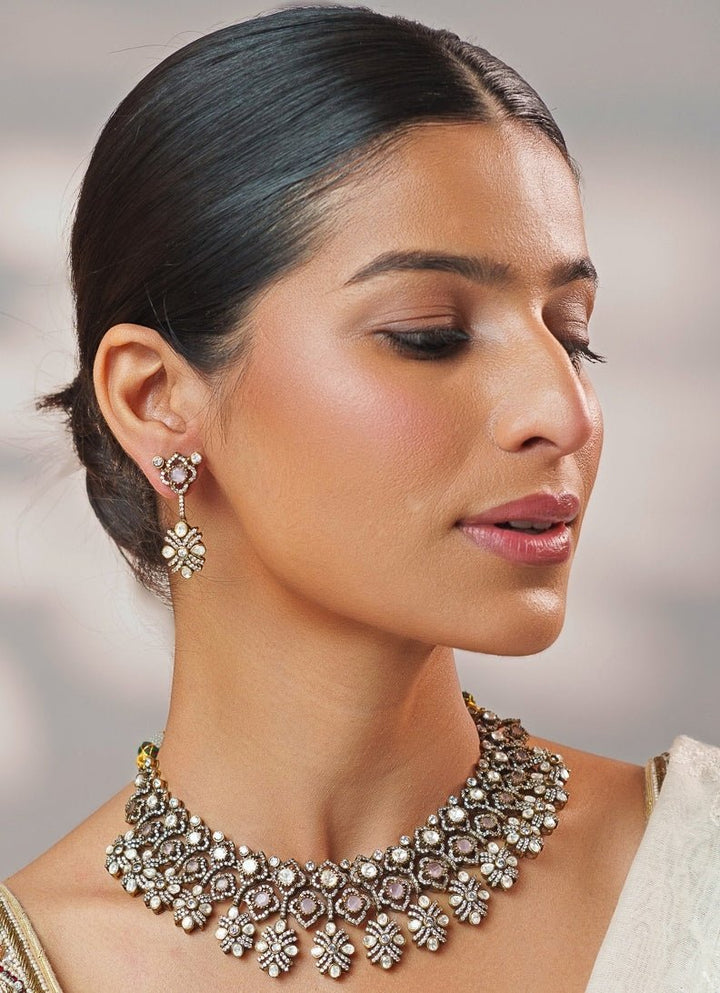 Pink Stone And Polki Two Tone Necklace Set Zevar by Geeta - Fabilicious Fashion