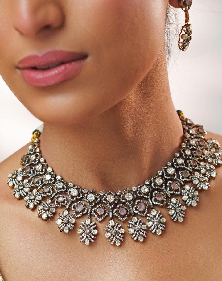 Pink Stone And Polki Two Tone Necklace Set Zevar by Geeta - Fabilicious Fashion