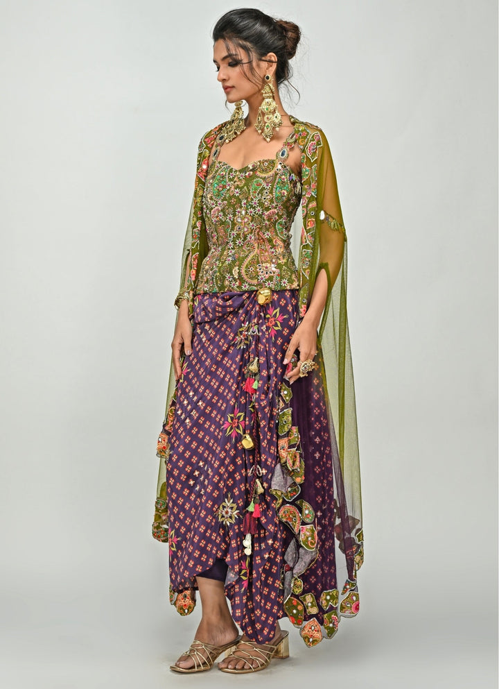 Plum Printed Dhoti With Embroidered Corset And Cape Juhi Bengani - Fabilicious Fashion