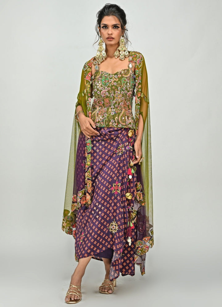 Plum Printed Dhoti With Embroidered Corset And Cape Juhi Bengani - Fabilicious Fashion
