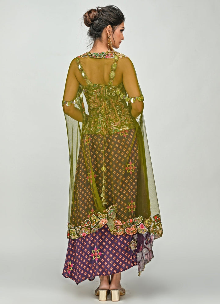 Plum Printed Dhoti With Embroidered Corset And Cape Juhi Bengani - Fabilicious Fashion