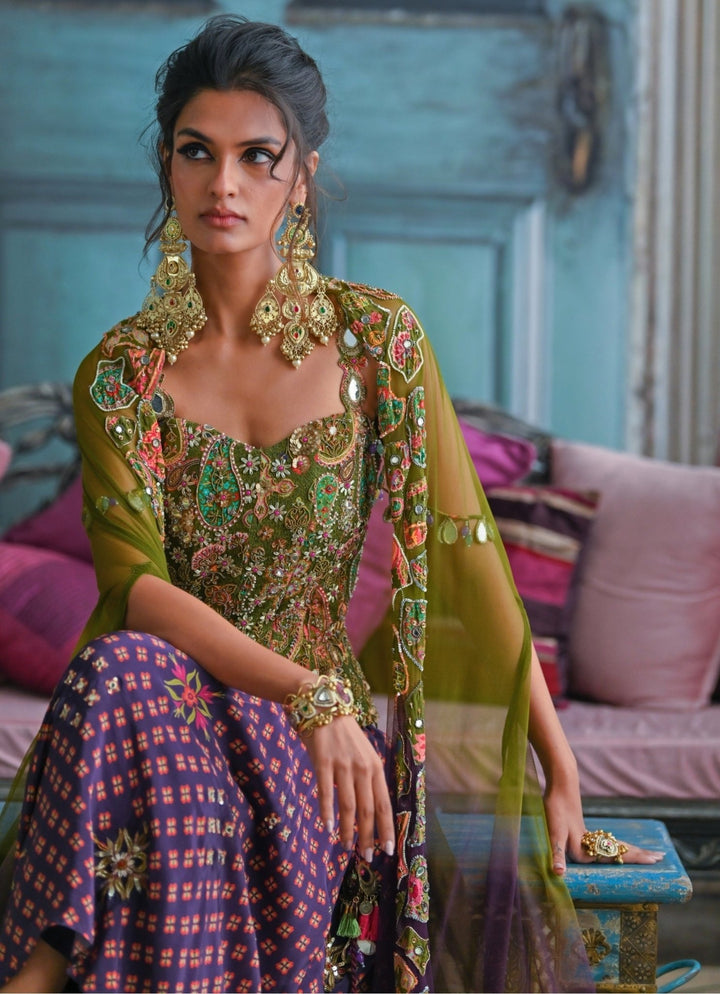 Plum Printed Dhoti With Embroidered Corset And Cape Juhi Bengani - Fabilicious Fashion