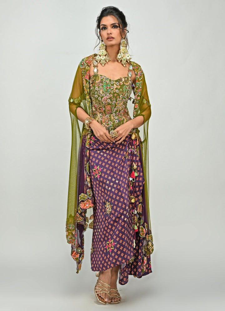 Plum Printed Dhoti With Embroidered Corset And Cape Juhi Bengani - Fabilicious Fashion