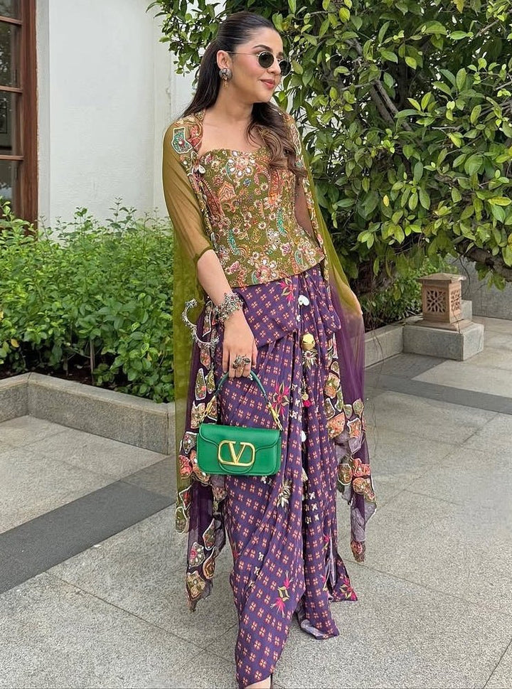 Plum Printed Dhoti With Embroidered Corset And Cape Juhi Bengani - Fabilicious Fashion