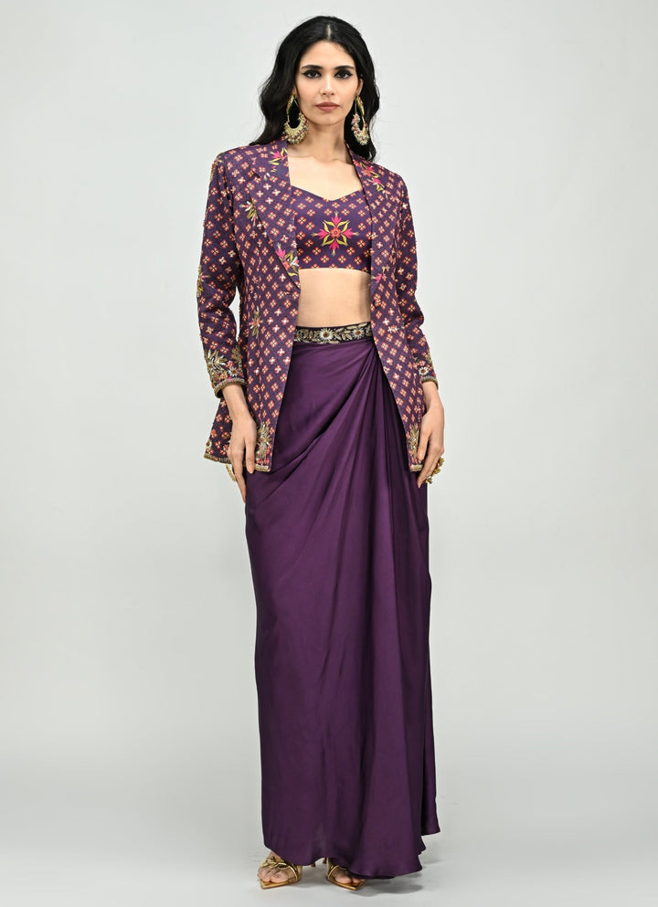 Plum Purple Drape Skirt With Embroidered Blazer Juhi Bengani - Fabilicious Fashion