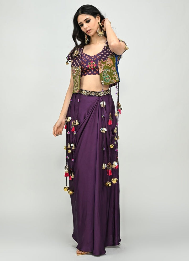 Plum Purple Drape Skirt With Embroidered Jacket Juhi Bengani - Fabilicious Fashion