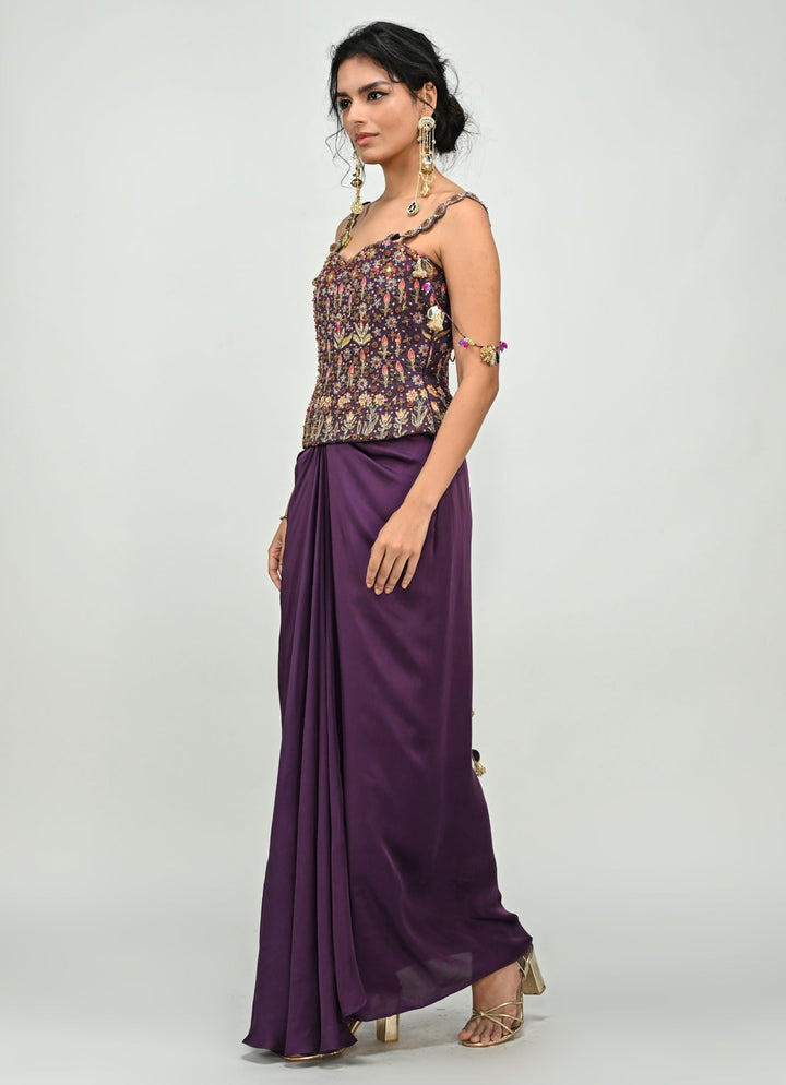 Plum Purple Drape Skirt With Printed Embroidered Corset Juhi Bengani - Fabilicious Fashion