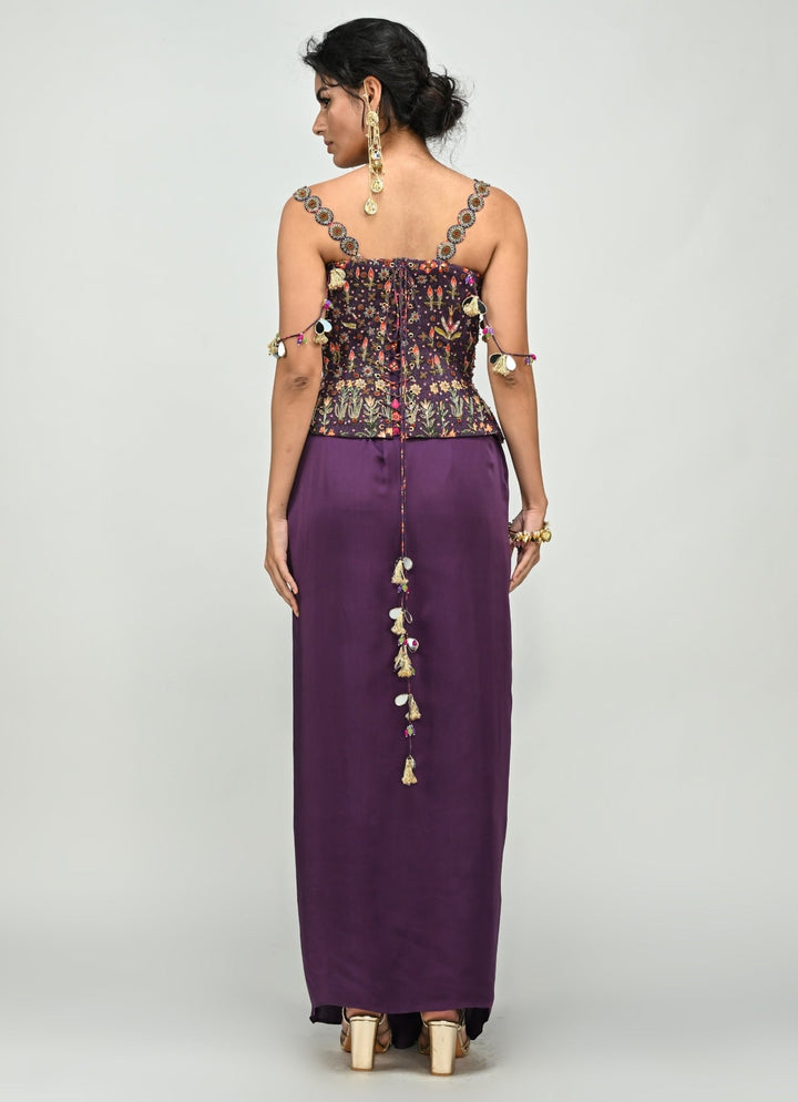 Plum Purple Drape Skirt With Printed Embroidered Corset Juhi Bengani - Fabilicious Fashion