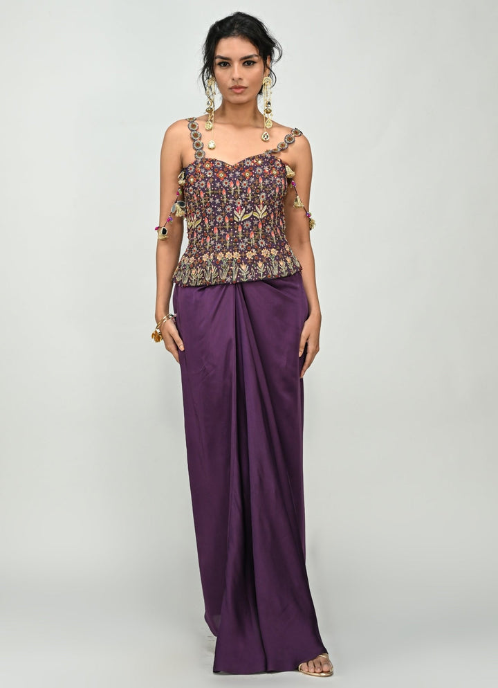 Plum Purple Drape Skirt With Printed Embroidered Corset Juhi Bengani - Fabilicious Fashion