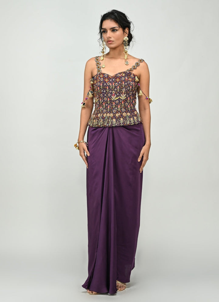 Plum Purple Drape Skirt With Printed Embroidered Corset Juhi Bengani - Fabilicious Fashion