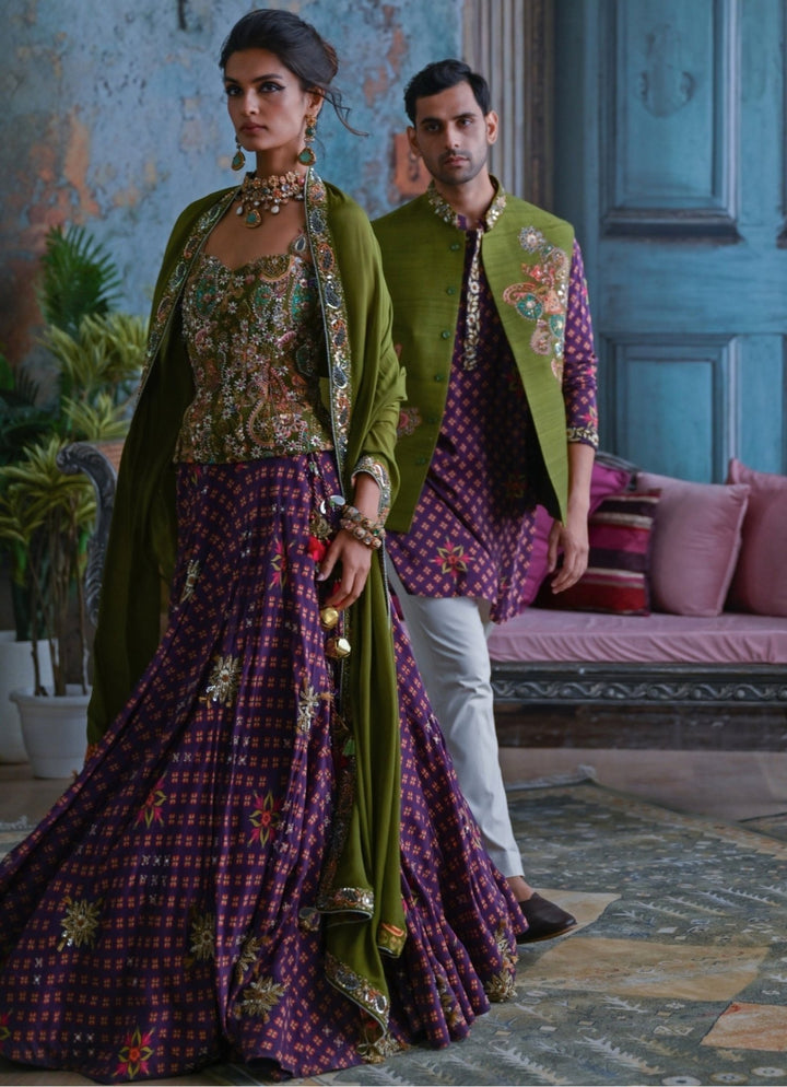 Plum Purple Printed Corset Lehenga Set Juhi Bengani - Fabilicious Fashion