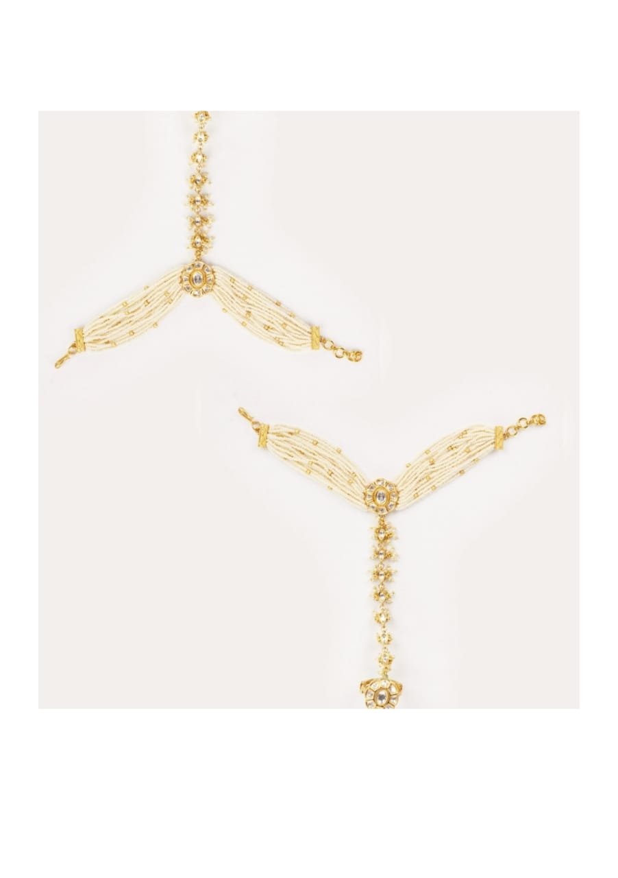 Polki And Pearl Floral Motifs Gold Haathphools Zevar by Geeta - Fabilicious Fashion