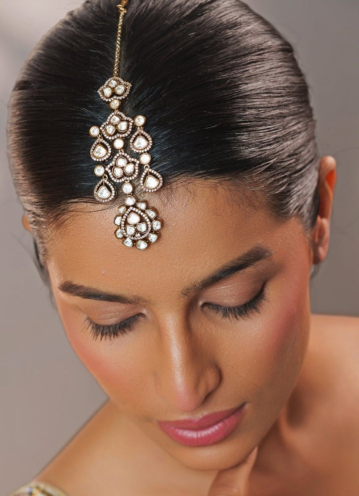 Polki Gold Bridal Necklace Set With Maangtikka Zevar by Geeta - Fabilicious Fashion