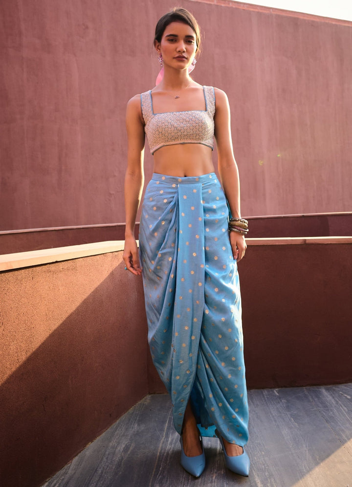 Powder Blue Draped Dhoti Skirt Set with Cape Chamee and Palak - Fabilicious Fashion