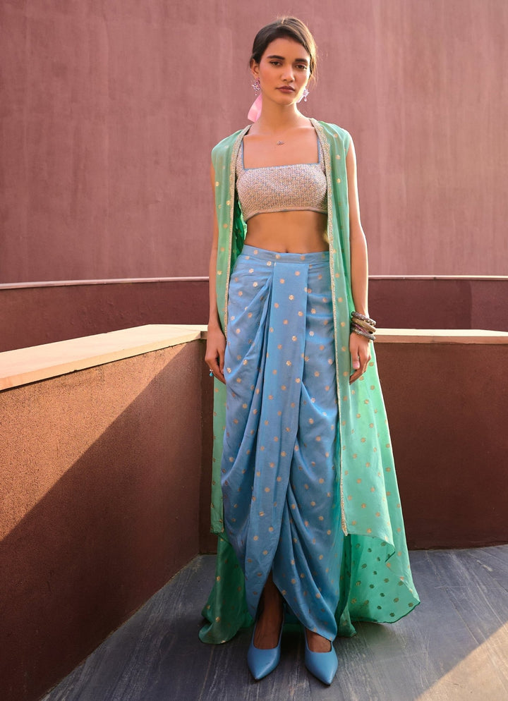 Powder Blue Draped Dhoti Skirt Set with Cape Chamee and Palak - Fabilicious Fashion