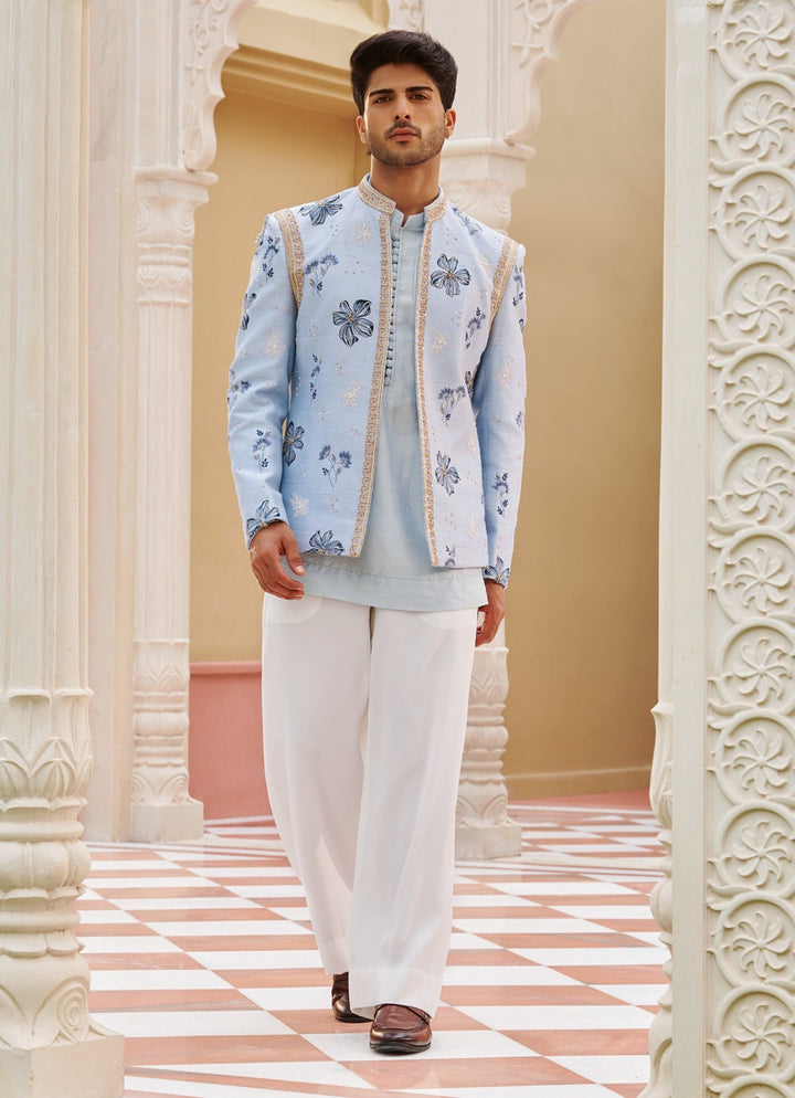 Powder Blue Embroidered Bandhgala Jacket Set Contrast By Parth - Fabilicious Fashion