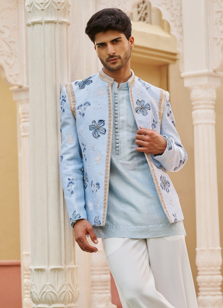 Powder Blue Embroidered Bandhgala Jacket Set Contrast By Parth - Fabilicious Fashion