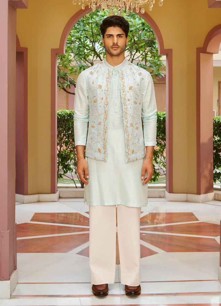 Powder Blue Embroidered Nehru Jacket Set Contrast By Parth - Fabilicious Fashion