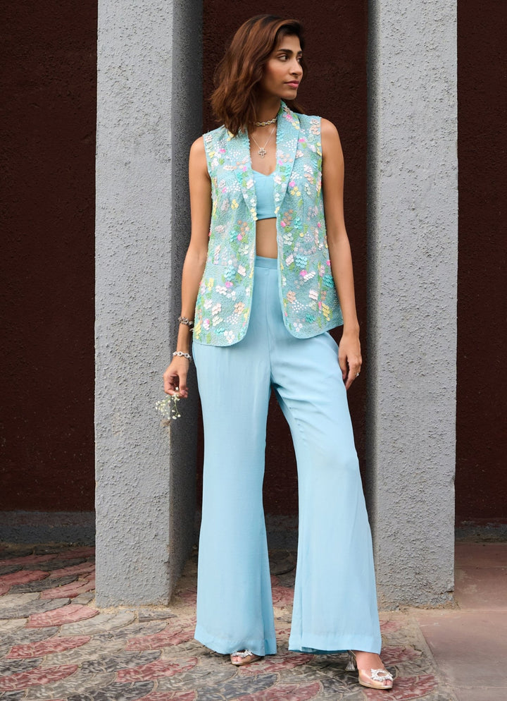 Powder Blue Organza Jacket with Pant Set Chamee and Palak - Fabilicious Fashion