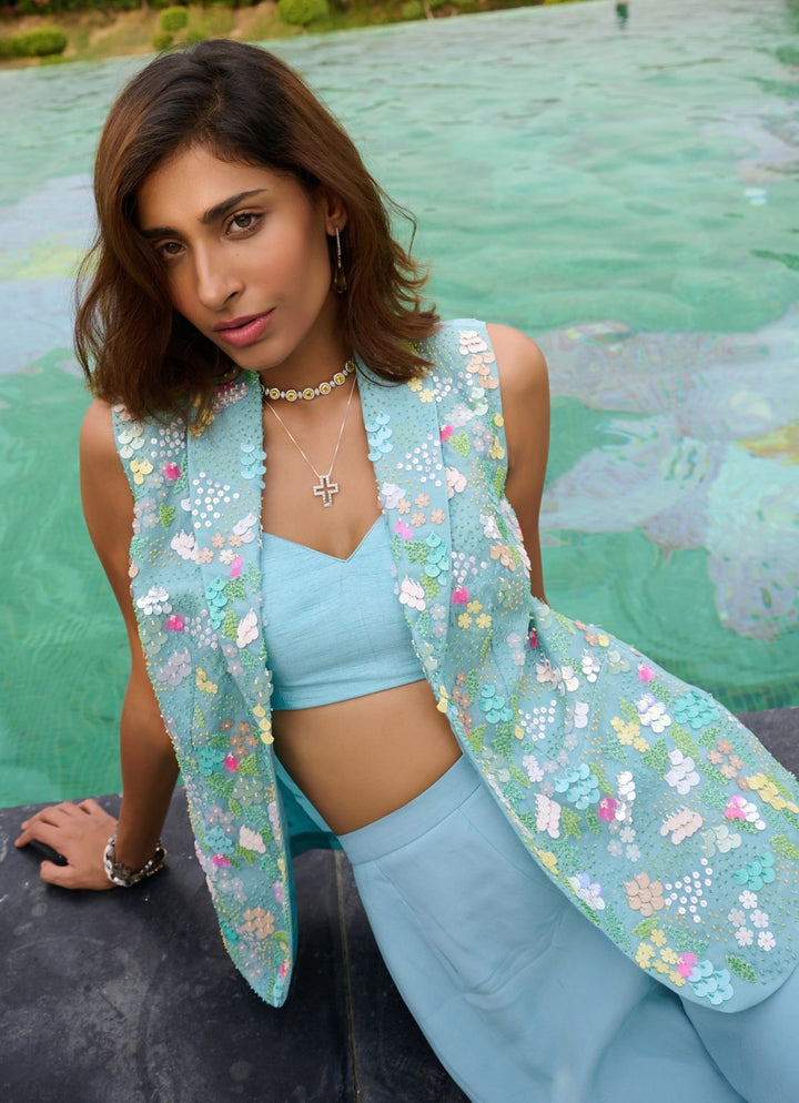 Powder Blue Organza Jacket with Pant Set Chamee and Palak - Fabilicious Fashion