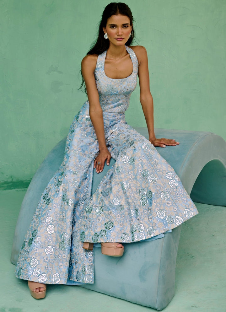Powder Blue Silk Halter Blouse And Pant Set Chamee and Palak - Fabilicious Fashion