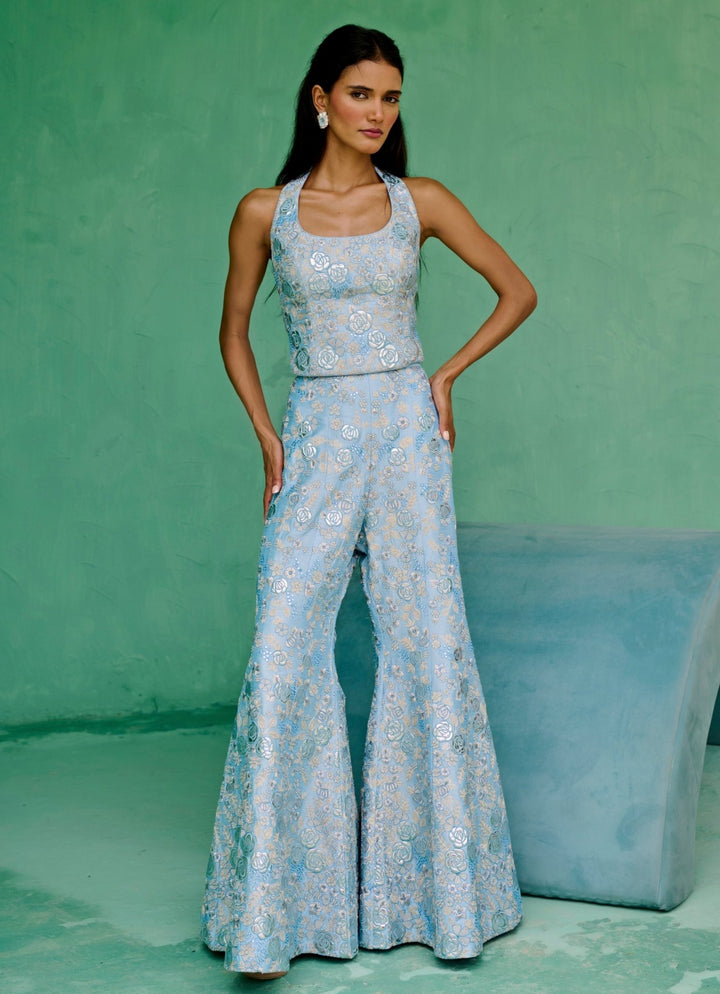 Powder Blue Silk Halter Blouse And Pant Set Chamee and Palak - Fabilicious Fashion