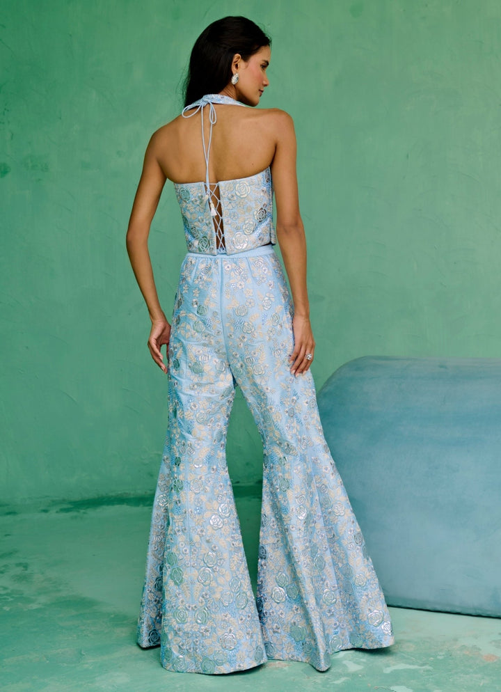 Powder Blue Silk Halter Blouse And Pant Set Chamee and Palak - Fabilicious Fashion