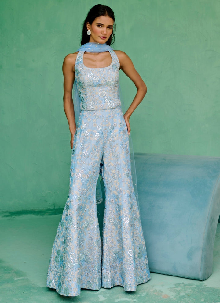 Powder Blue Silk Halter Blouse And Pant Set Chamee and Palak - Fabilicious Fashion