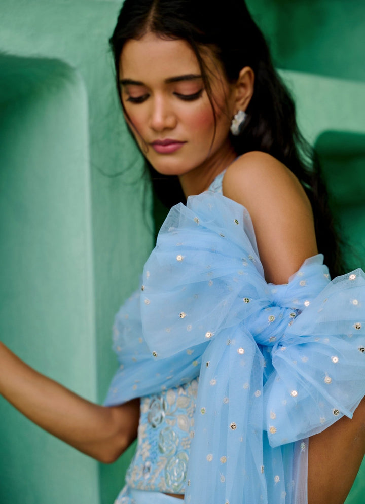 Powder Blue Silk Halter Blouse And Pant Set Chamee and Palak - Fabilicious Fashion