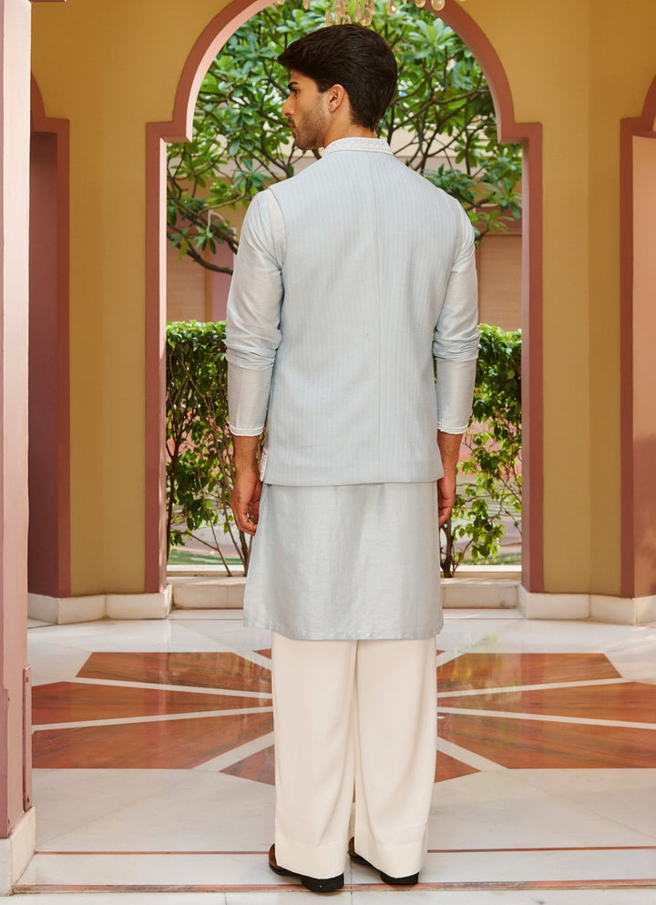 Powder Blue Silk Nehru Jacket Set Contrast By Parth - Fabilicious Fashion